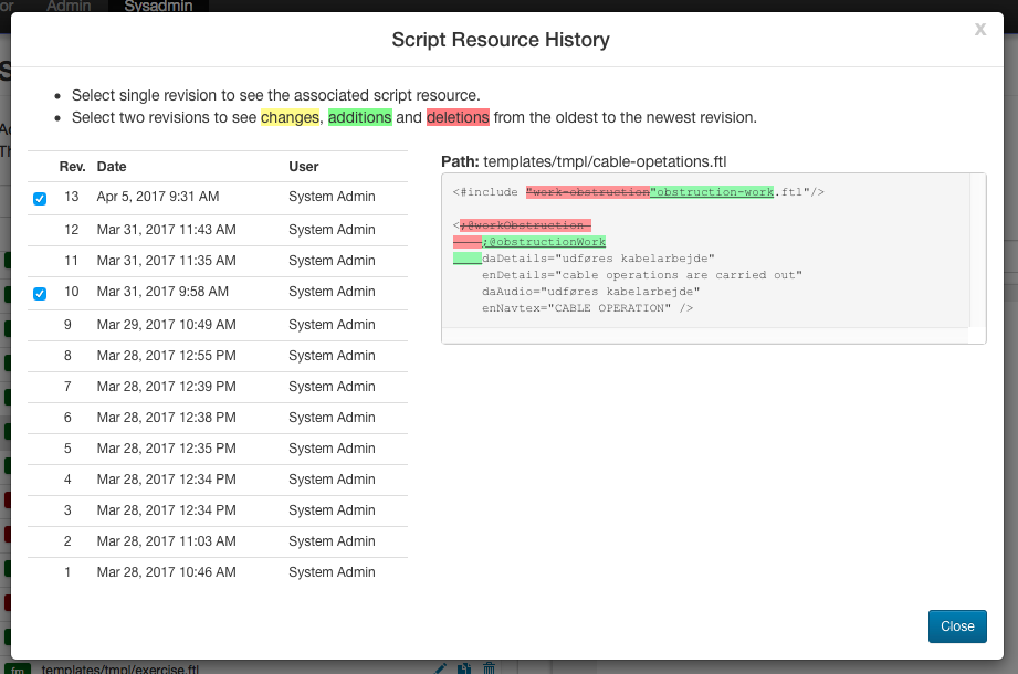 Script Resource History Dialog